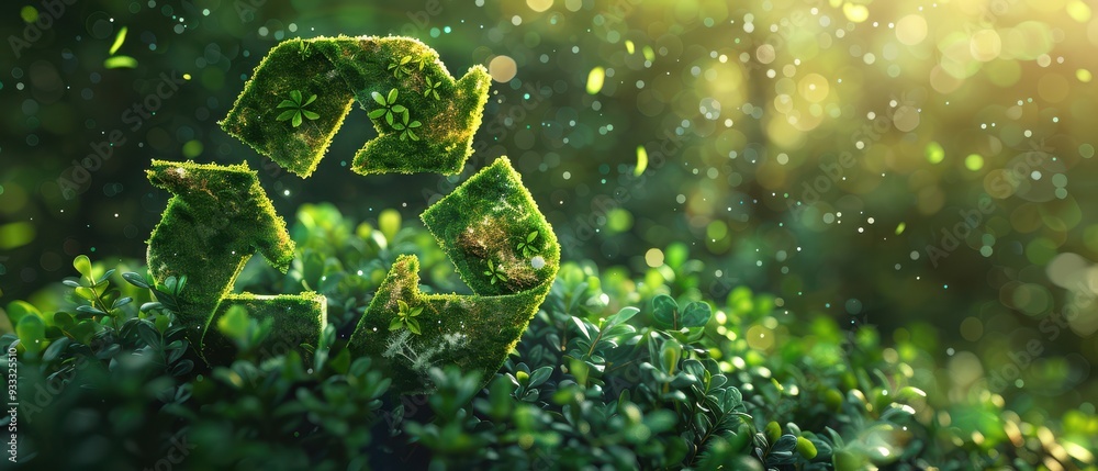 Recycling symbol with green leaves on a textured dark background, promoting sustainability. Free copy space for text. Recycling symbol with green leaves on a textured dark background, promoting sustainability. Free copy space for text.