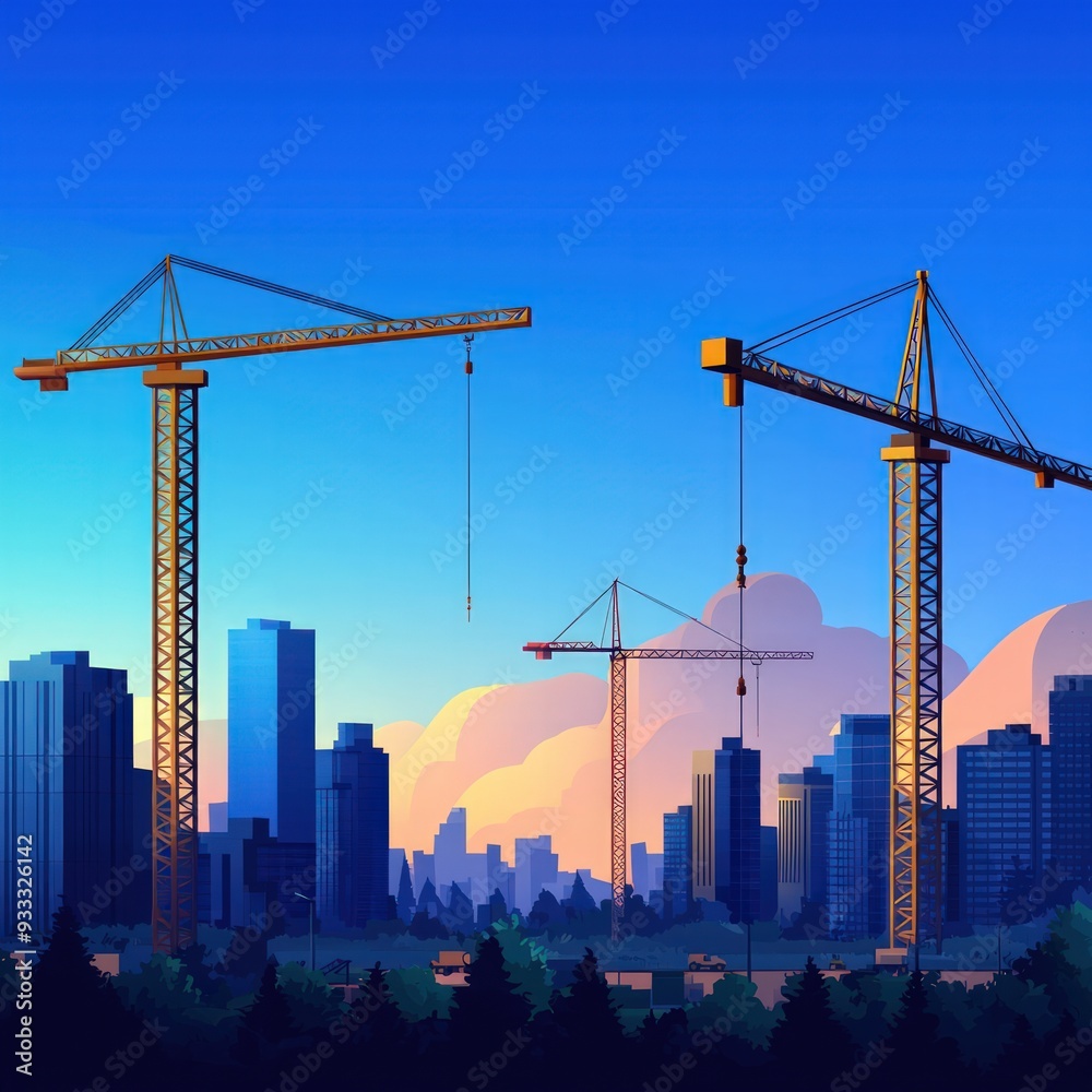 Rapid construction growth, new skyscrapers rising in a cityscape, flat design illustration Rapid construction growth, new skyscrapers rising in a cityscape, flat design illustration
