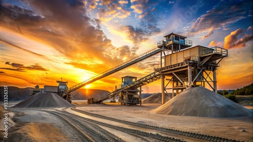 Gravel pit with industrial gravel sorter machinery at sunset , industrial, machinery, gravel, pit, sorting, rocks, dusk photo