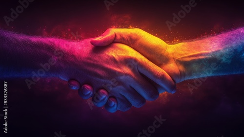 Hands join in a colorful handshake, representing partnership and agreement against a dramatic, dark backdrop.