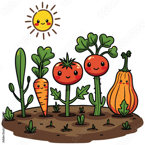 A collection of garden vegetables like carrots, tomatoes, and pumpkins growing in the soil, with a smiling sun above.