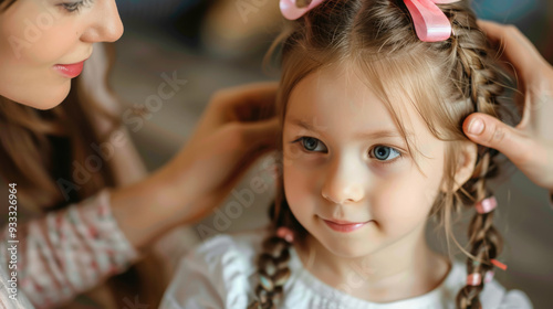 Mother Braiding Daughter’s Hair with Pink Ribbon for Breast Cancer Awareness 