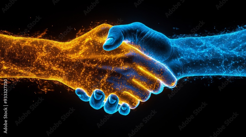 Two hands, one glowing orange and the other blue, are shaking to symbolize partnership and unity in a digital context. Two hands, one glowing orange and the other blue, are shaking to symbolize partnership and unity in a digital context.