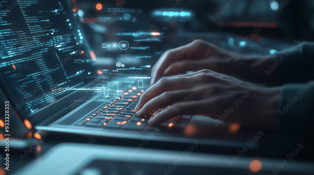 Portrait hand of software engineer working on laptop with circuit board. AI Portrait hand of software engineer working on laptop with circuit board. AI