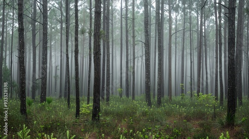 A forest path lined with pine trees in a misty atmosphere.