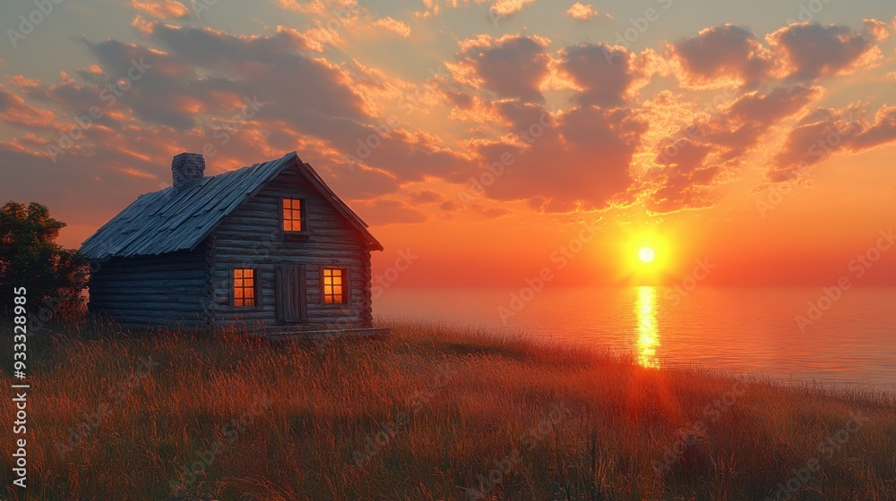 A serene sunset over a tranquil lake with a cozy wooden house. A serene sunset over a tranquil lake with a cozy wooden house.
