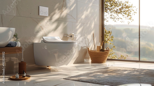 Fototapeta Naklejka Na Ścianę i Meble -  A contemporary bathroom showcases a stylish white toilet next to a large window overlooking a tranquil lake and colorful autumn trees.