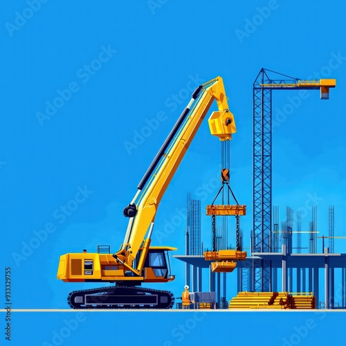 Efficient construction automation, robotics enhancing building speed and accuracy, flat design illustration