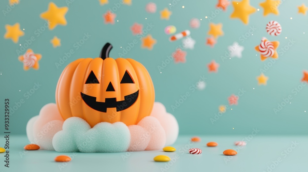 Playful Halloween Delight - Cartoon Pumpkin Floating on Colorful Cloud with Stars and Candy, Copy Space for Text Playful Halloween Delight - Cartoon Pumpkin Floating on Colorful Cloud with Stars and Candy, Copy Space for Text
