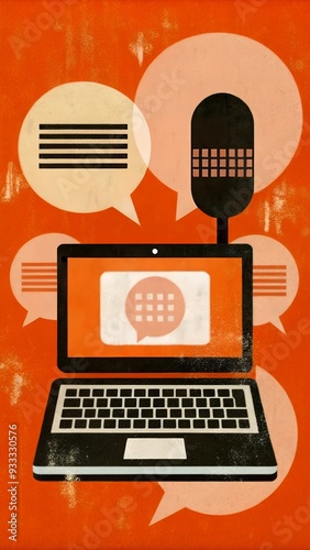 Open laptop and a microphone nearby, abstract background with speech bubbles, blogging concept, vertical, retro pop style