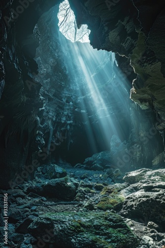 A hole in a cave allows sunlight to enter, with a warm glow