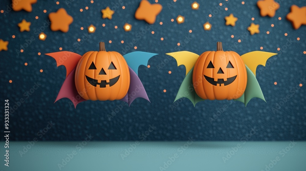 Whimsical Cartoon Pumpkin Superhero Flying in Night Sky with Glowing Stars - Image with Copy Space Whimsical Cartoon Pumpkin Superhero Flying in Night Sky with Glowing Stars - Image with Copy Space
