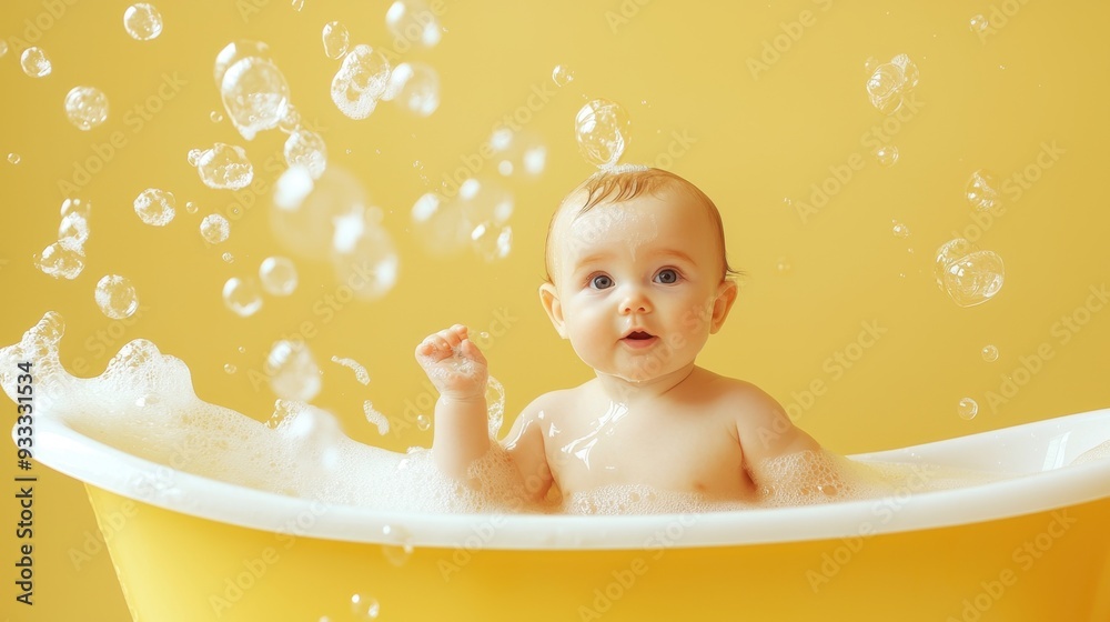 Gentle Baby Bath Bliss, a serene scene of a baby enjoying a bubbly bath, skin radiant and smooth, set against a soothing pale mustard background, inviting calm and comfort. Gentle Baby Bath Bliss, a serene scene of a baby enjoying a bubbly bath, skin radiant and smooth, set against a soothing pale mustard background, inviting calm and comfort.