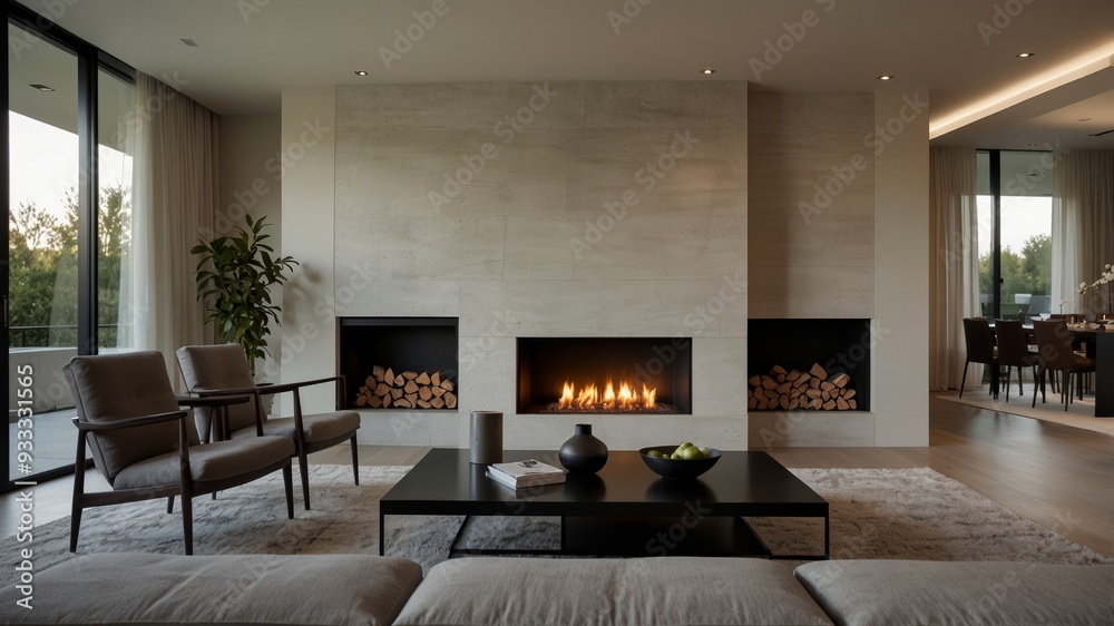 Fototapeta premium minimalist modern living room featuring a wall-mounted fireplace