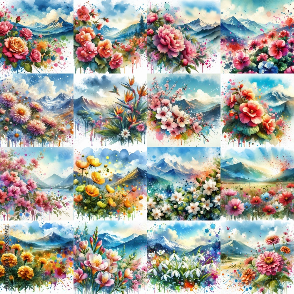 Fototapeta premium flowers draw. Watercolor splash style. AI generated illustration