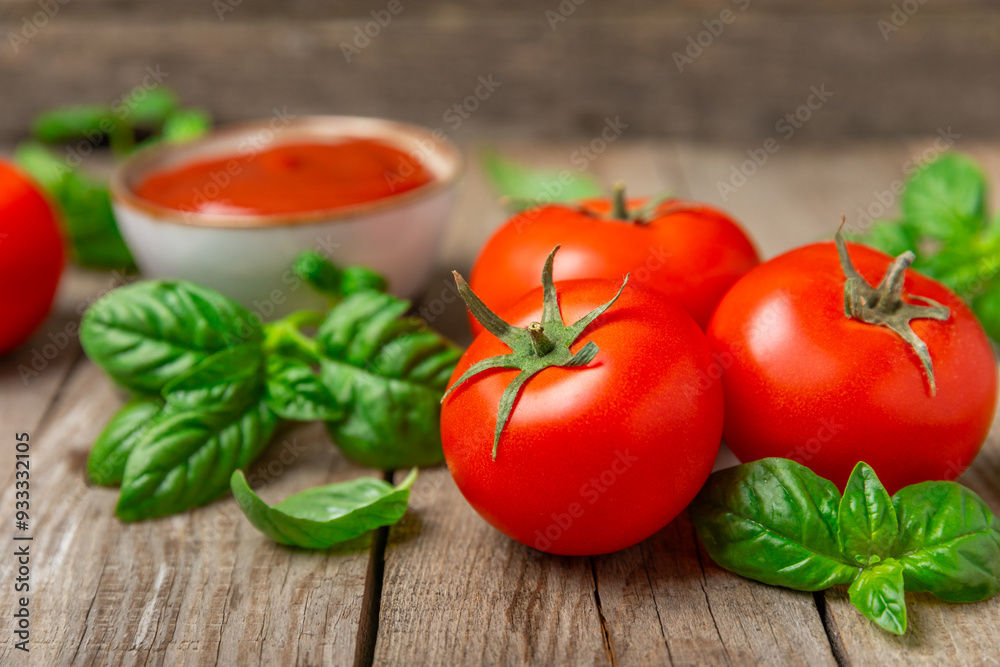 Fresh cherry tomatoes and fresh green basil on a textured background. Tomato sauce. Vegan. Ingredients for salad. Organic food. Place for text. Copy space. Fresh cherry tomatoes and fresh green basil on a textured background. Tomato sauce. Vegan. Ingredients for salad. Organic food. Place for text. Copy space.