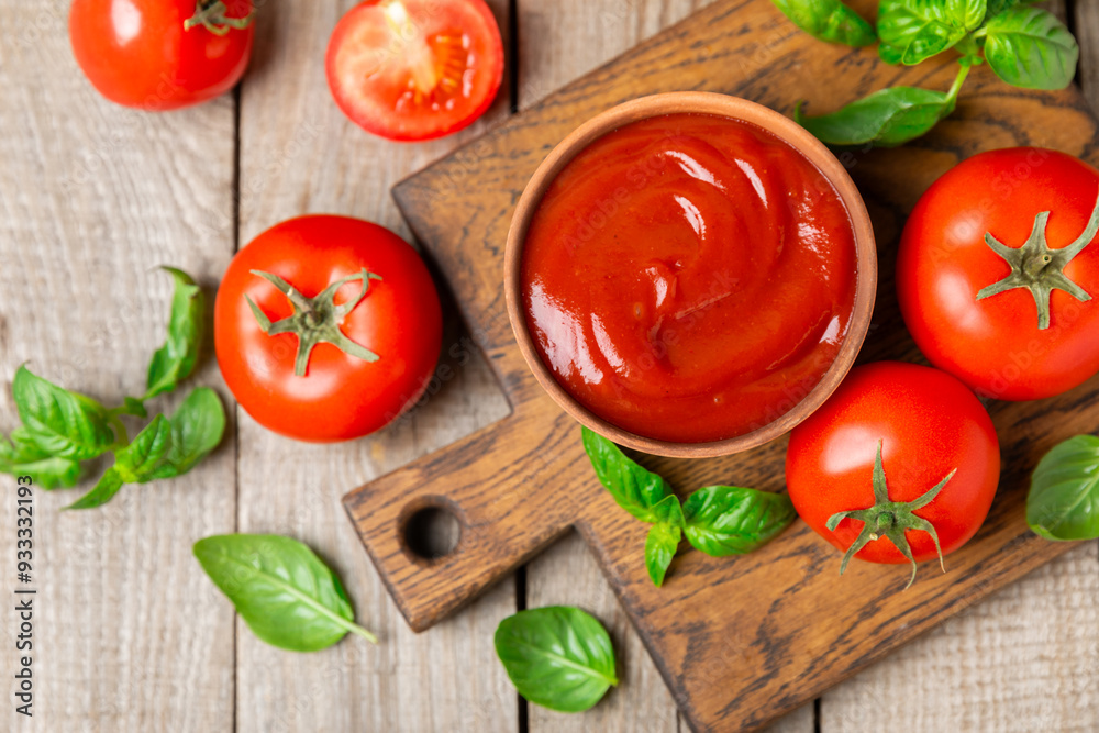 Fresh cherry tomatoes and fresh green basil on a textured background. Tomato sauce. Vegan. Ingredients for salad. Organic food. Place for text. Copy space. Fresh cherry tomatoes and fresh green basil on a textured background. Tomato sauce. Vegan. Ingredients for salad. Organic food. Place for text. Copy space.
