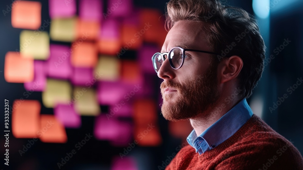 Thoughtful man in glasses, surrounded by vibrant sticky notes, reflecting on ideas in a creative workspace. Thoughtful man in glasses, surrounded by vibrant sticky notes, reflecting on ideas in a creative workspace.