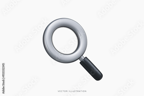 3D Magnifying glass emoji icon. Web search and analysis concept. Find information. Black with metallic grey color. Minimal transparent loupe. Cartoon design object. 3D Vector Illustration