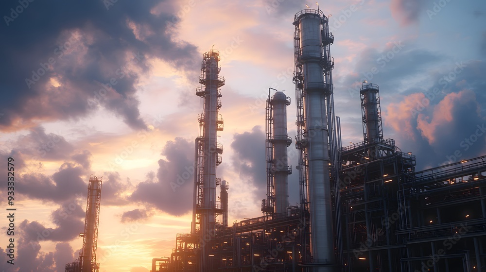 A large industrial plant with many tall towers and a beautiful sunset in the background. The sky is filled with clouds, giving the scene a serene and peaceful atmosphere A large industrial plant with many tall towers and a beautiful sunset in the background. The sky is filled with clouds, giving the scene a serene and peaceful atmosphere