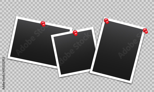 Vector blank photo frames with push pin and shadow isolated on transparent background. Template mockup photo design.