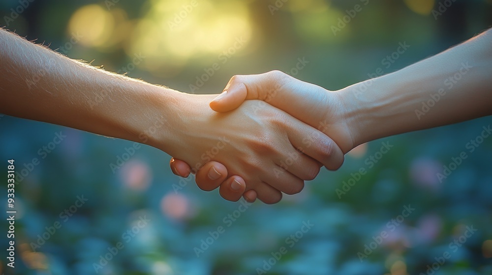 Two hands come together in a firm handshake, surrounded by greenery and soft sunlight, representing unity and mutual understanding. Two hands come together in a firm handshake, surrounded by greenery and soft sunlight, representing unity and mutual understanding.