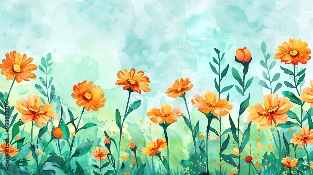 A vibrant field of orange flowers against a dreamy turquoise background, perfect for adding a splash of color to any project. A vibrant field of orange flowers against a dreamy turquoise background, perfect for adding a splash of color to any project.