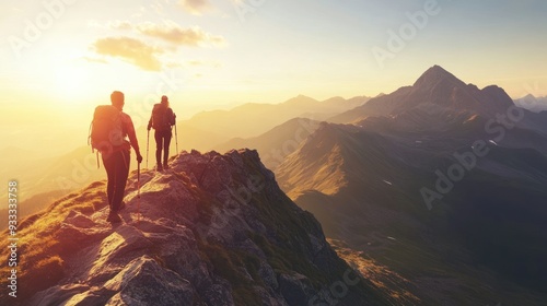 Hikers on Mountain Ridge at Sunset