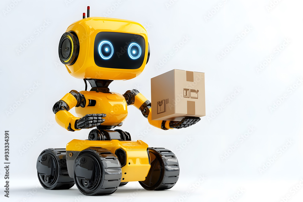 3D Small cute robot for delivery holding box isolated on white background. The future of automated delivery 3D Small cute robot for delivery holding box isolated on white background. The future of automated delivery