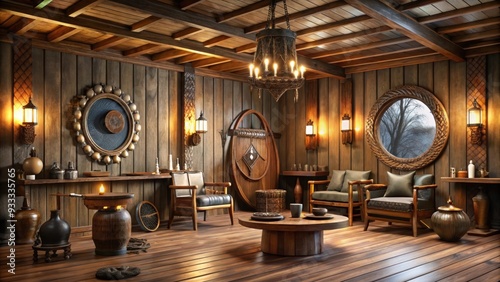 Viking themed salon with traditional decor and furniture, Viking, Norse, warrior, rustic, Scandinavian, medieval, salon photo