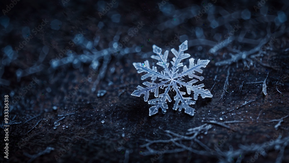 A macro shot of single snowflake on the ground.