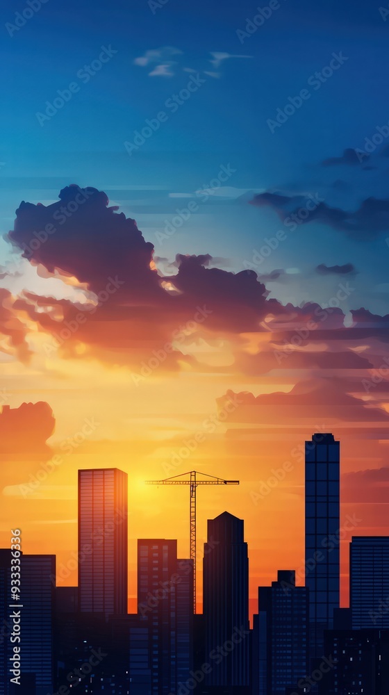Rapid construction growth, new skyscrapers rising in a cityscape, flat design illustration Rapid construction growth, new skyscrapers rising in a cityscape, flat design illustration