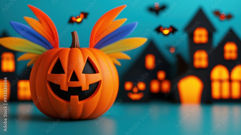 Cute Cartoon Pumpkin with Colorful Wings Soaring over Glowing Halloween Village | Festive Fantasy Scene with Playful Spirits, Copy Space, and Selective Focus | Cute Cartoon Pumpkin with Colorful Wings Soaring over Glowing Halloween Village | Festive Fantasy Scene with Playful Spirits, Copy Space, and Selective Focus |