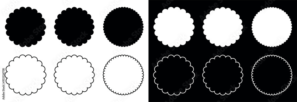 Circle silhouette fill and outline scalloped frames set isolated on black and white background.