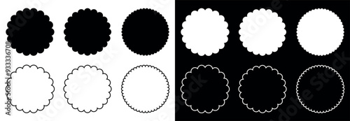 Circle silhouette fill and outline scalloped frames set isolated on black and white background.
