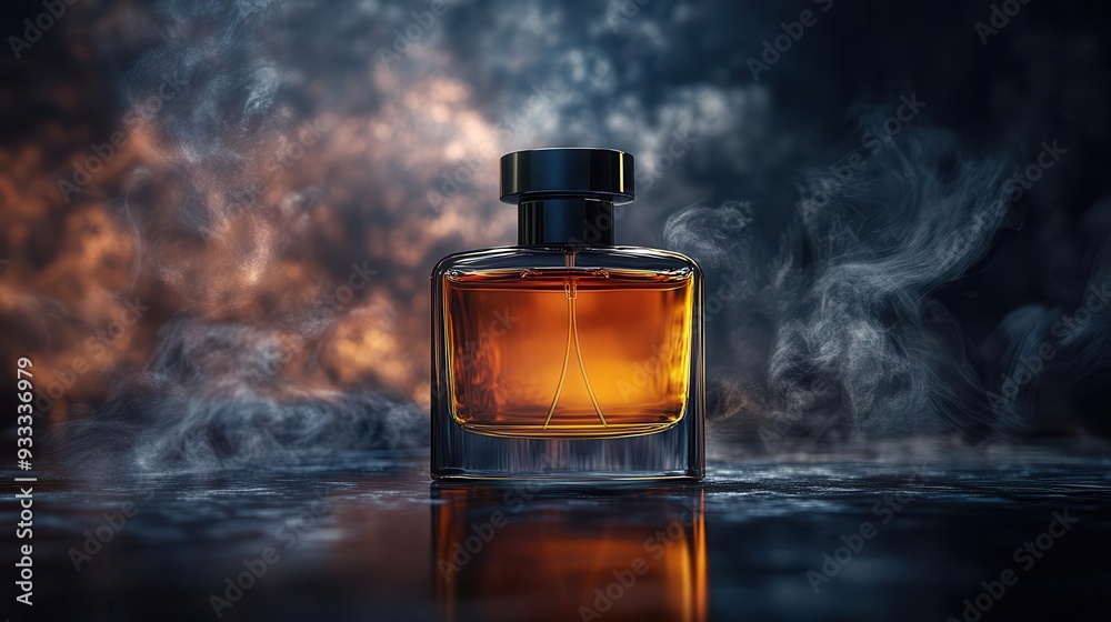 elegant product display featuring classic perfume bottle on glossy black surface dramatic lighting and swirling smoke create air of mystery and luxury elegant product display featuring classic perfume bottle on glossy black surface dramatic lighting and swirling smoke create air of mystery and luxury