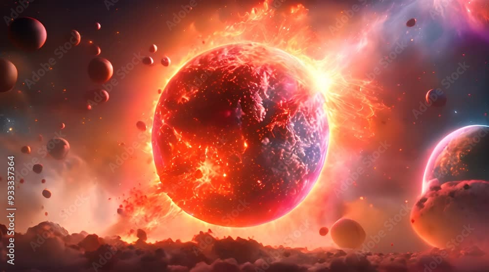 A fiery apocalypse in space destroys cosmic objects, with planets shattering like glass, stars exploding into brilliant supernovas, and asteroid belts disintegrating into glowing dust