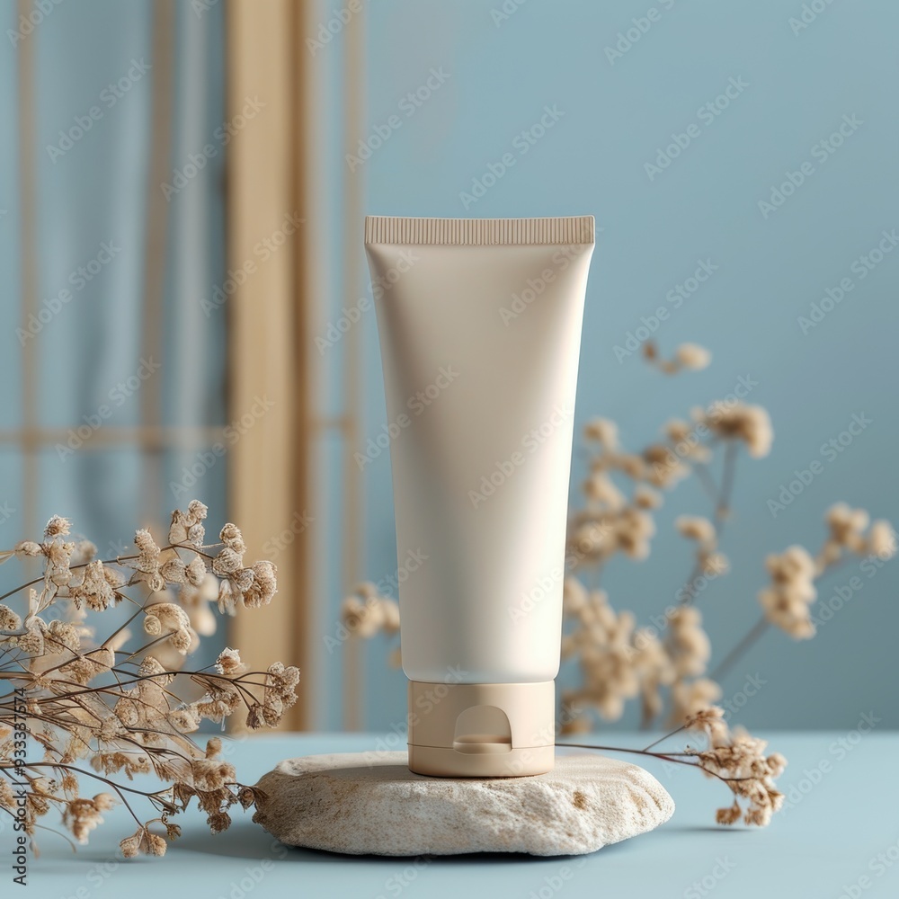 Elegant tube of skincare product displayed on a textured stone, surrounded by delicate dried flowers against a serene blue backdrop, embodying minimalistic beauty and tranquility. Elegant tube of skincare product displayed on a textured stone, surrounded by delicate dried flowers against a serene blue backdrop, embodying minimalistic beauty and tranquility.