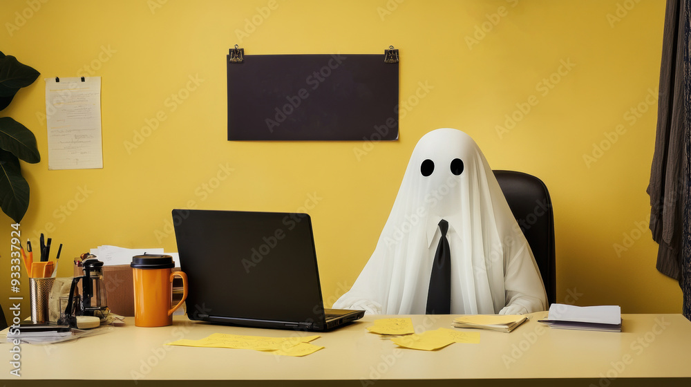 Fotografie Office Worker in Ghost Costume at Desk