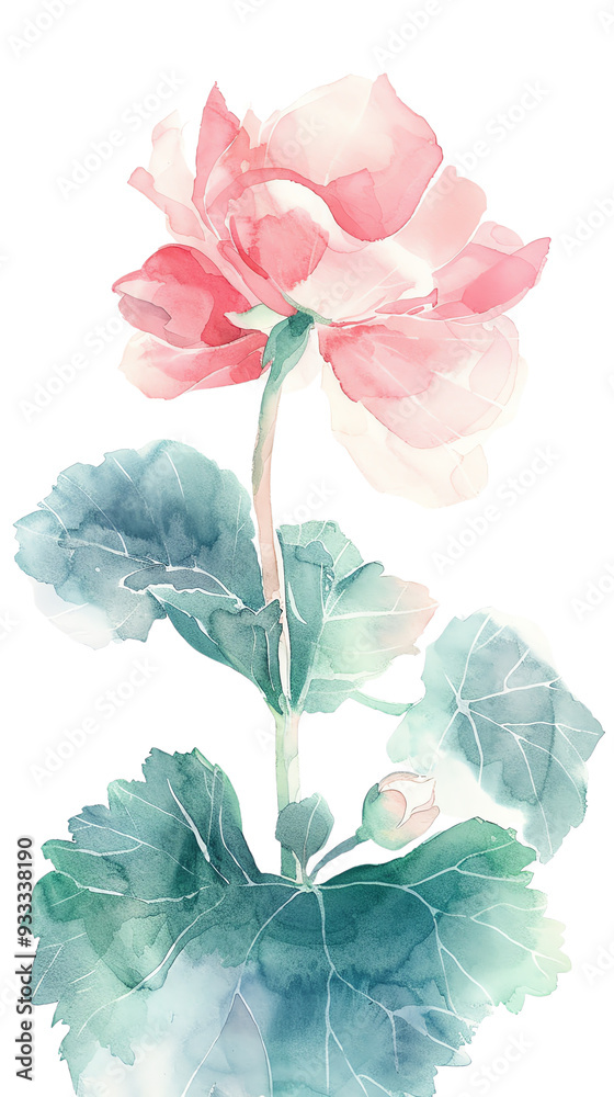 A delicate watercolor painting of a pink flower surrounded by green leaves, showcasing natural beauty and softness. A delicate watercolor painting of a pink flower surrounded by green leaves, showcasing natural beauty and softness.