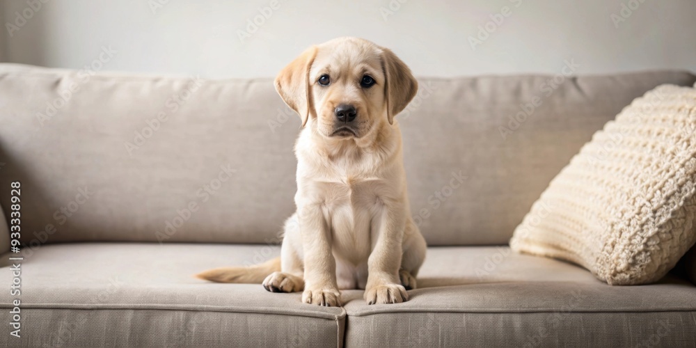 Obraz premium Labrador retriever puppy sitting on a cozy sofa , cute, playful, pet, dog, furry, adorable, domestic, living room, comfortable