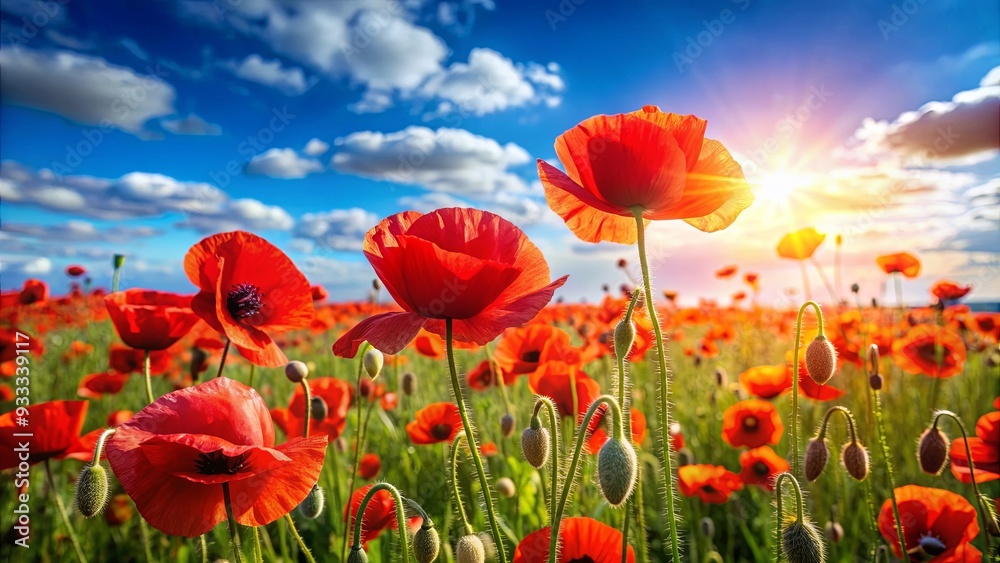 Naklejka premium Vibrant red poppies blooming in a field on a sunny day, flowers, petals, nature, vibrant, red, poppy, field, blooming, sunny