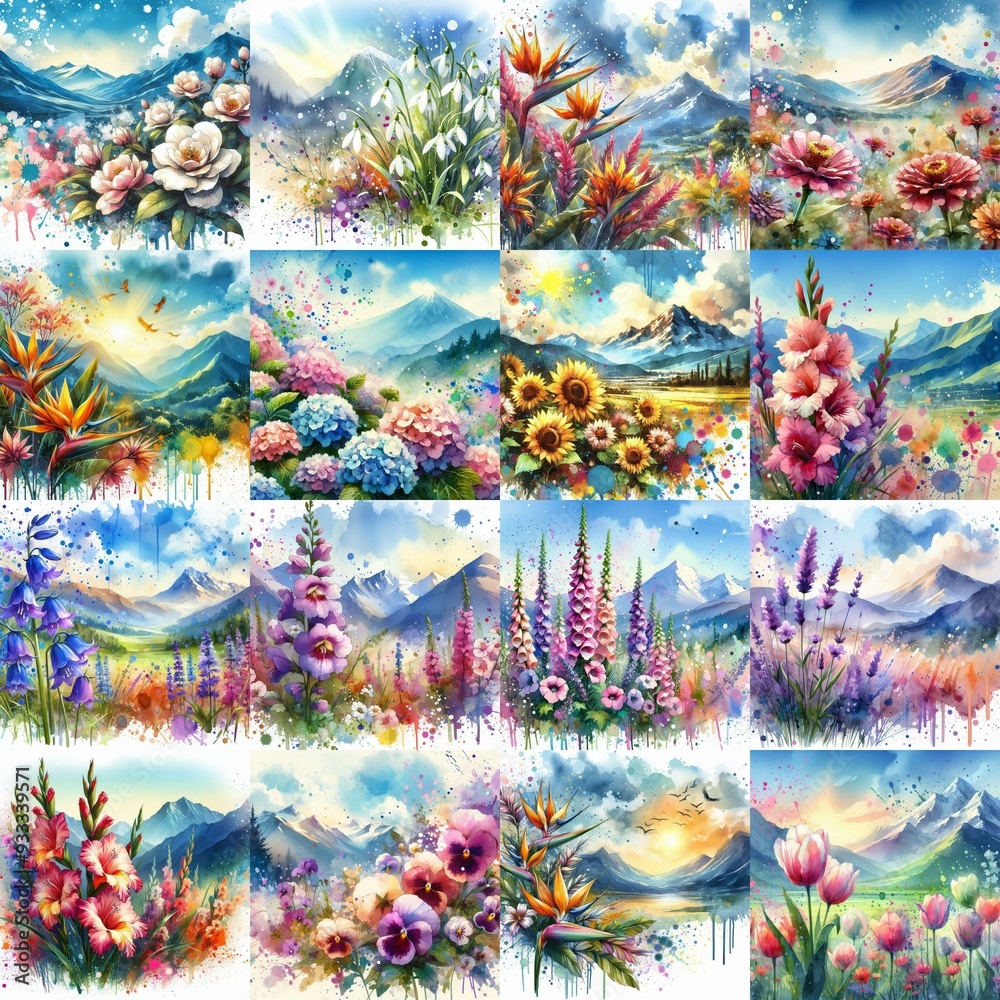 flowers draw. Watercolor splash style. AI generated illustration flowers draw. Watercolor splash style. AI generated illustration