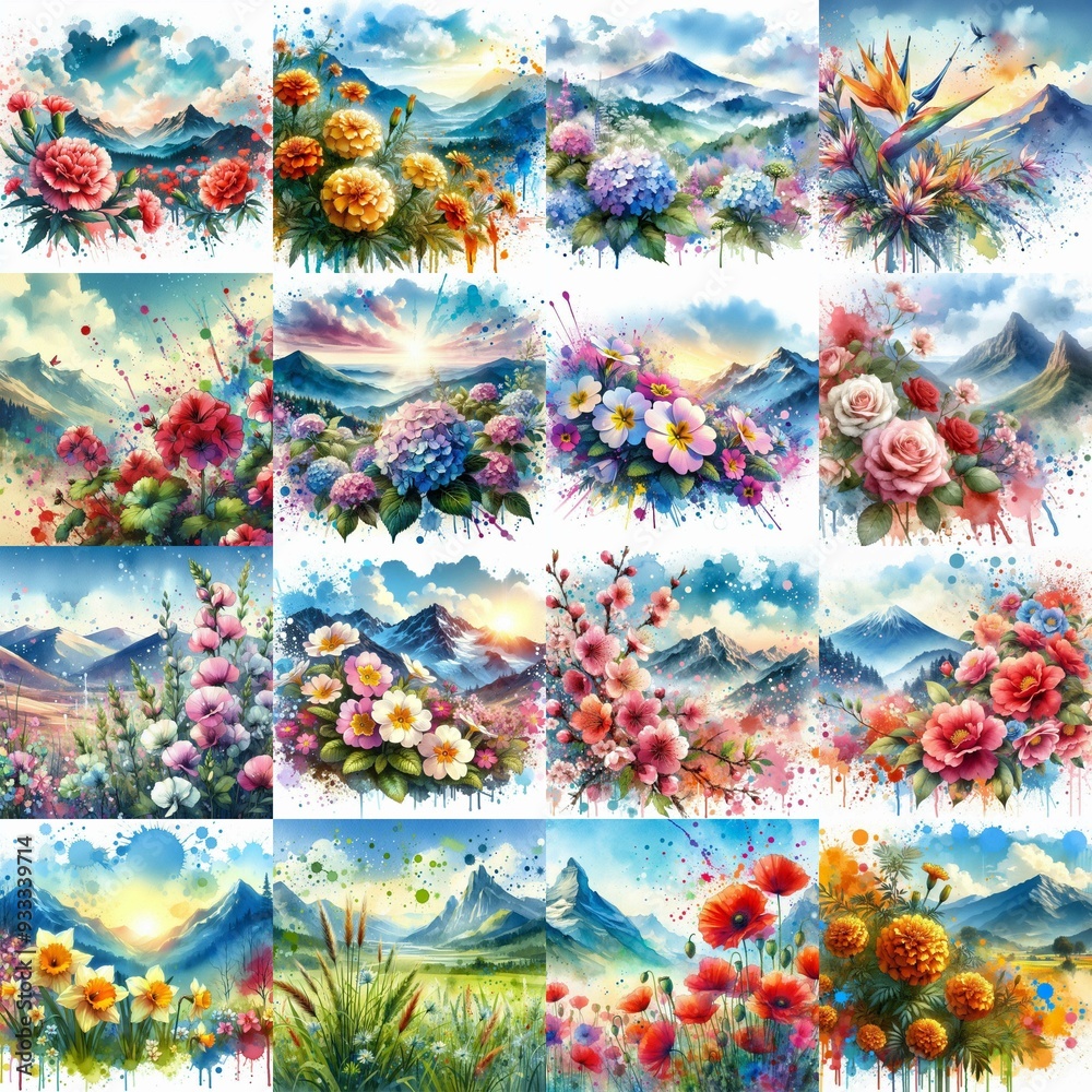 flowers draw. Watercolor splash style. AI generated illustration
