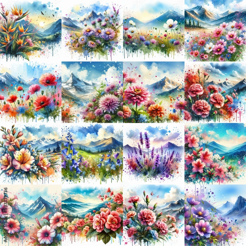 flowers draw. Watercolor splash style. AI generated illustration flowers draw. Watercolor splash style. AI generated illustration
