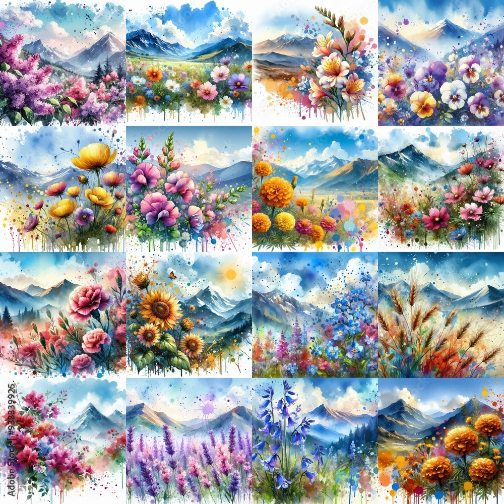 flowers draw. Watercolor splash style. AI generated illustration flowers draw. Watercolor splash style. AI generated illustration