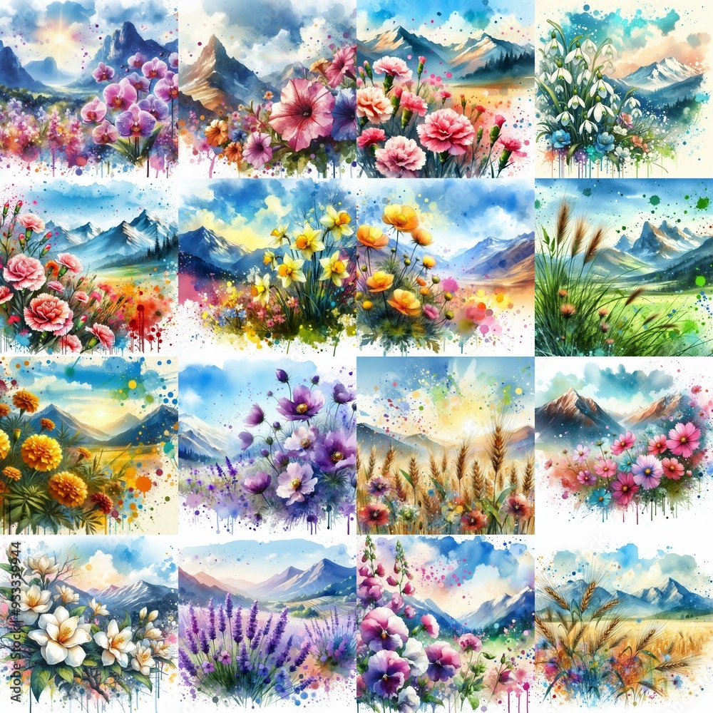 flowers draw. Watercolor splash style. AI generated illustration flowers draw. Watercolor splash style. AI generated illustration