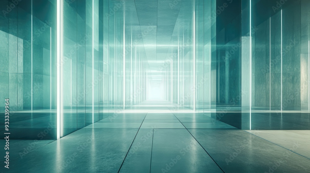Futuristic hallway with glass walls and bright light at the end. Futuristic hallway with glass walls and bright light at the end.