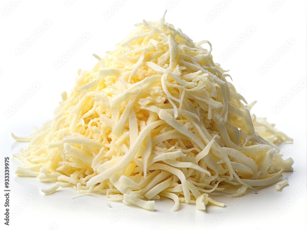 A heap of shredded white cheese is isolated on a pure white background, with gently curled strands and a soft, creamy texture visible. A heap of shredded white cheese is isolated on a pure white background, with gently curled strands and a soft, creamy texture visible.
