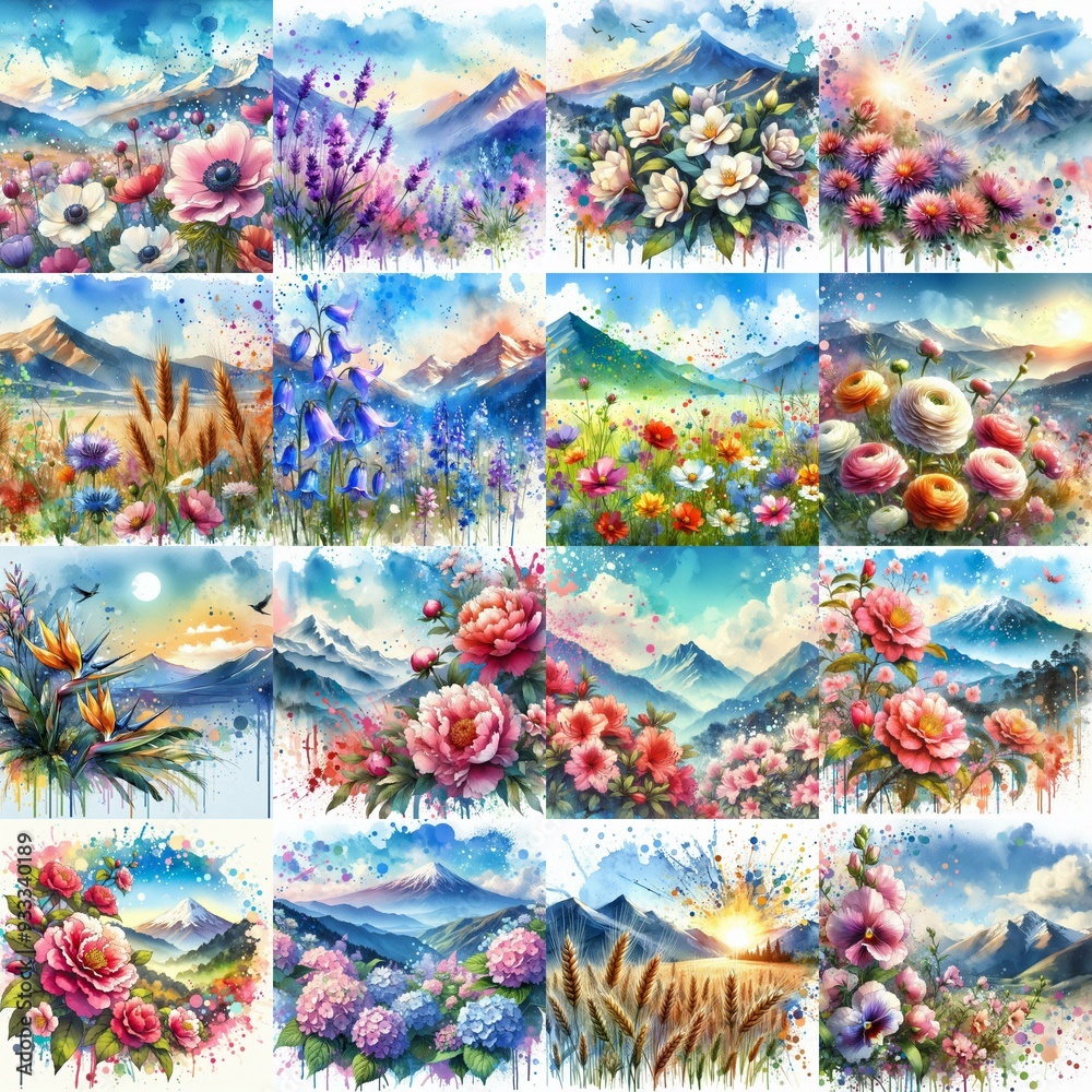 flowers draw. Watercolor splash style. AI generated illustration flowers draw. Watercolor splash style. AI generated illustration